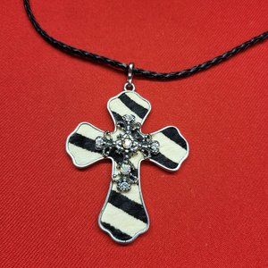 Cross Black & White Stripes  Braided Leather Cord Necklace Cross Costume Jewelry